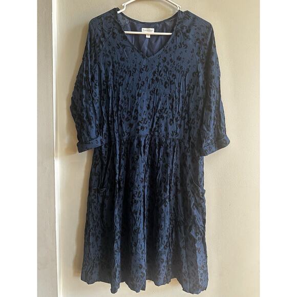 Garnet Hill Dress Size 6 Blue Bohemian Pocket Dress Mini V Neck Leopard Print - Picture 1 of 14